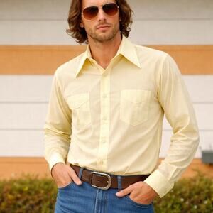 Vintage JC Penney Mens Large 1970s Yellow Disco Shirt 46 Chest Poly Blend